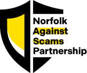 Norfolk Against Scams Partnership logo. It represents a shield that has 'Norfolk Against Scams Partnership' indented into it.